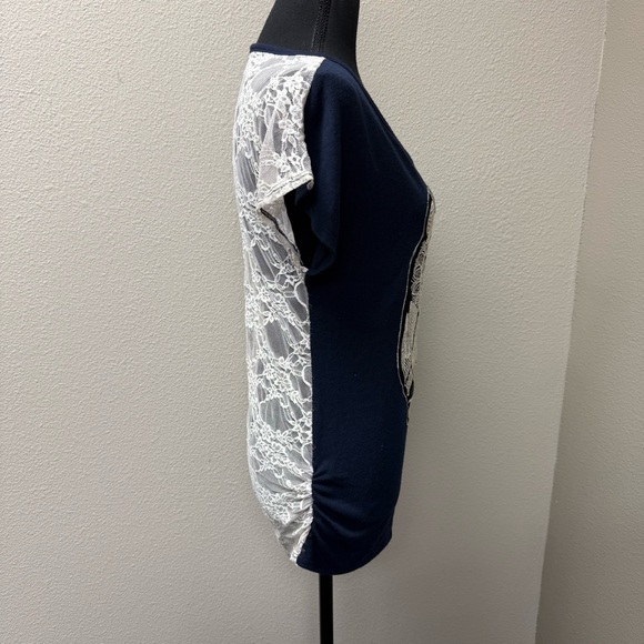 May Blue Navy Owl Graphic Lace Back Boho Top Short Sleeve Casual Tee Shirt - Picture 6 of 9